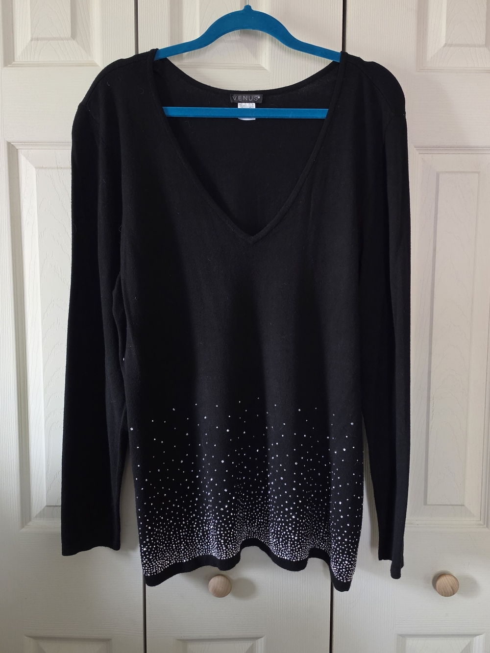 VENUS Black V-Neck Long Sleeve Sweater with Silver Dot Hem